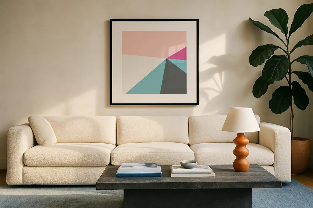 Color Block IV Bright by Wild Apple Portfolio. Displayed in a glass frame with matte in a clean modern living room. Available as an archival giclee rolled canvas, fine art paper, or poster print. SKU 52646a.