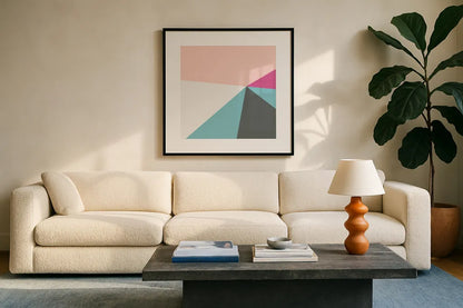 Color Block IV Bright by Wild Apple Portfolio. Displayed in a glass frame with matte in a clean modern living room. Available as an archival giclee rolled canvas, fine art paper, or poster print. SKU 52646a.