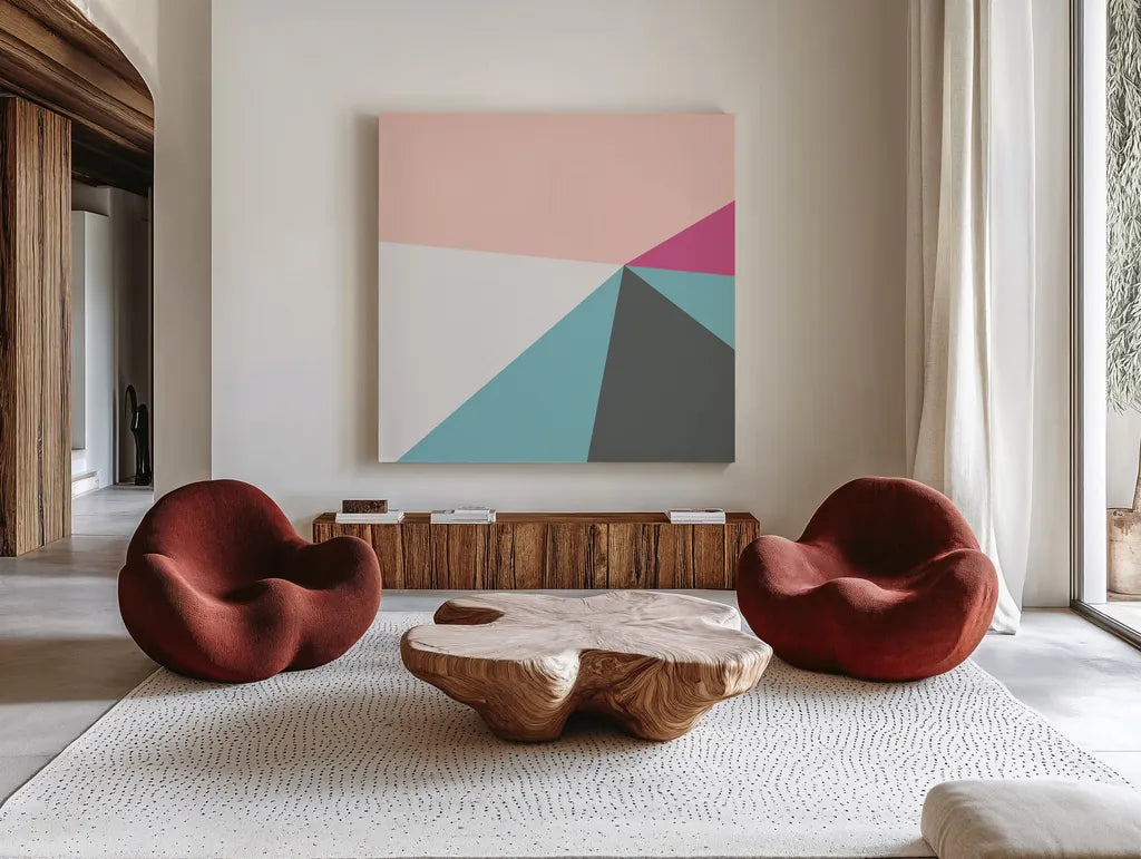 Color Block IV Bright by Wild Apple Portfolio. Shown as extra-large giant wall art in a modern living room. Available as an archival giclee rolled canvas, fine art paper, or poster print. SKU 52646a.