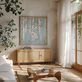 Color the Forest Color XI by Wild Apple Portfolio. Shown in a natural wood frame in a cozy modern living room. Available as an archival giclee rolled canvas, fine art paper, or poster print. SKU 24001a.