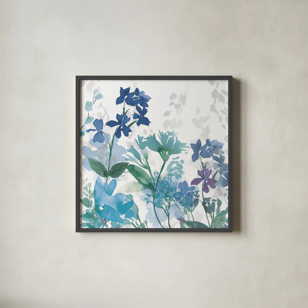 Colors of the Garden II Cool Shadows by Wild Apple Portfolio. Shown in a sleek black glass frame for a contemporary gallery look. Available as an archival giclee rolled canvas, fine art paper, or poster print. SKU 36009a.