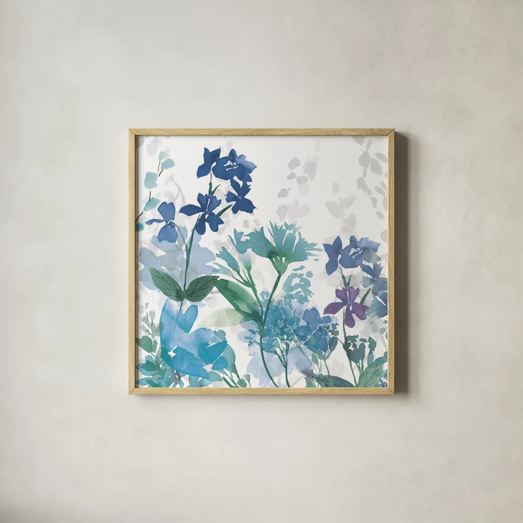 Colors of the Garden II Cool Shadows by Wild Apple Portfolio. Shown in a natural wood glass frame for a timeless modern aesthetic. Available as an archival giclee rolled canvas, fine art paper, or poster print. SKU 36009a.