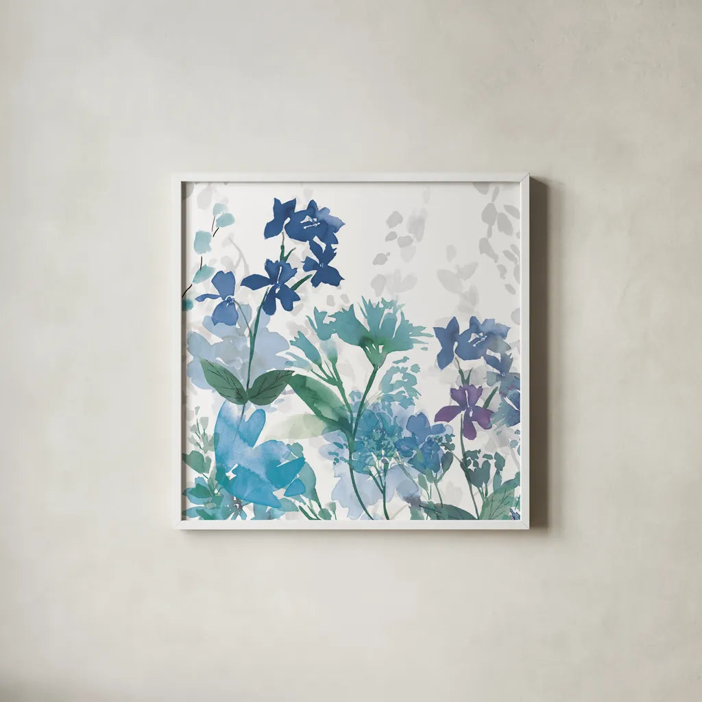 Colors of the Garden II Cool Shadows by Wild Apple Portfolio. Shown in a crisp white glass frame for a clean and minimalist style. Available as an archival giclee rolled canvas, fine art paper, or poster print. SKU 36009a.