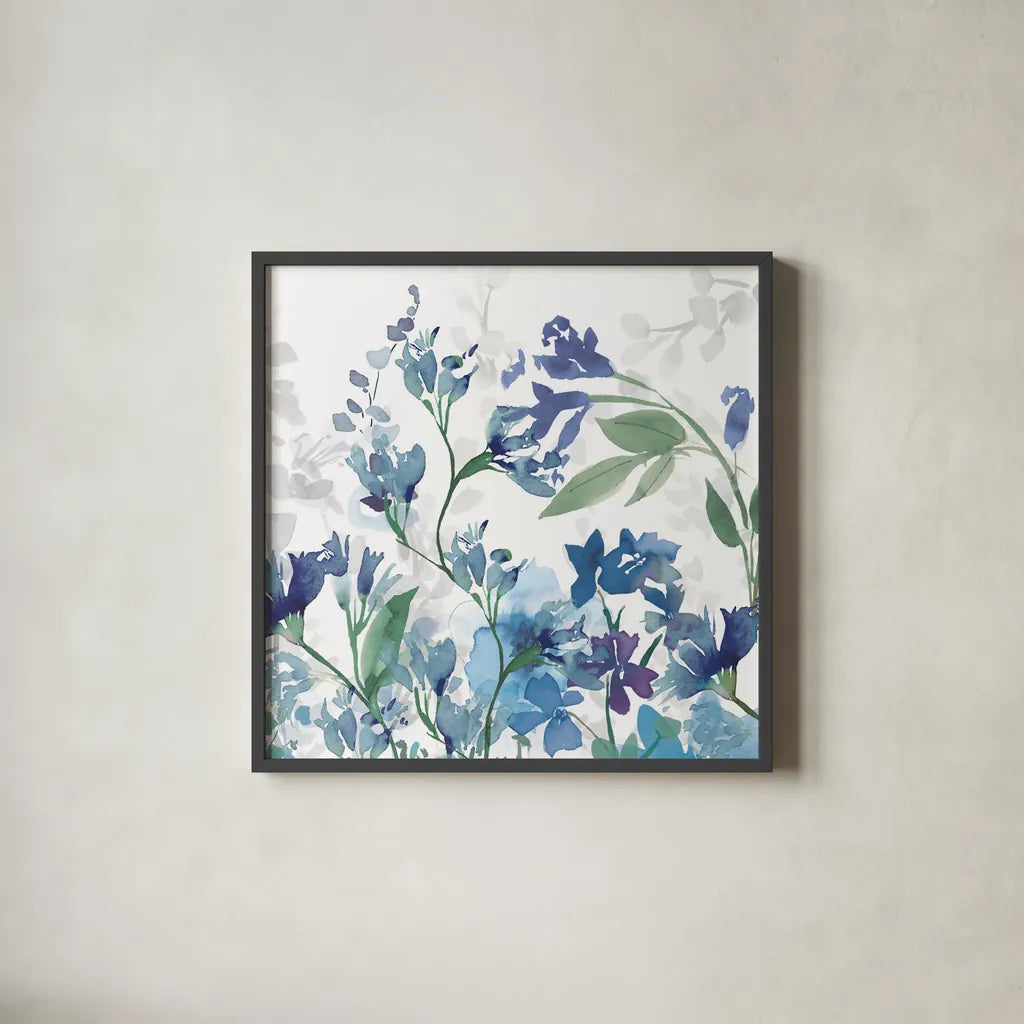 Colors of the Garden III Cool Shadows by Wild Apple Portfolio. Shown in a sleek black glass frame for a contemporary gallery look. Available as an archival giclee rolled canvas, fine art paper, or poster print. SKU 36010a.