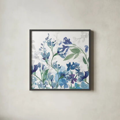 Colors of the Garden III Cool Shadows by Wild Apple Portfolio. Shown in a sleek black glass frame for a contemporary gallery look. Available as an archival giclee rolled canvas, fine art paper, or poster print. SKU 36010a.