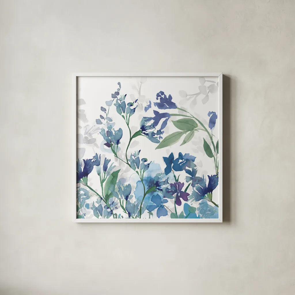 Colors of the Garden III Cool Shadows by Wild Apple Portfolio. Shown in a crisp white glass frame for a clean and minimalist style. Available as an archival giclee rolled canvas, fine art paper, or poster print. SKU 36010a.