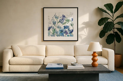 Colors of the Garden III Cool Shadows by Wild Apple Portfolio. Displayed in a glass frame with matte in a clean modern living room. Available as an archival giclee rolled canvas, fine art paper, or poster print. SKU 36010a.
