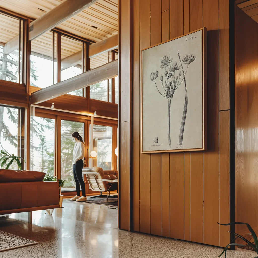 Conversations on  Botany 02 by Wild Apple Portfolio. shown in a natural frame with on a wood paneling wall in a modern craftsman house. Available as an archival giclee rolled canvas, fine art paper, or poster print. SKU 39015h.