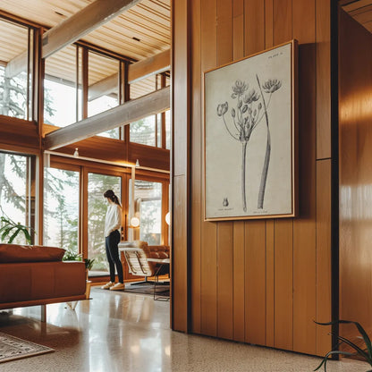 Conversations on  Botany 02 by Wild Apple Portfolio. shown in a natural frame with on a wood paneling wall in a modern craftsman house. Available as an archival giclee rolled canvas, fine art paper, or poster print. SKU 39015h.