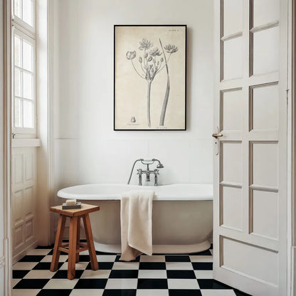 Conversations on  Botany 02 by Wild Apple Portfolio. shown as wall art in a bathroom in a classic french style bathroom. Available as an archival giclee rolled canvas, fine art paper, or poster print. SKU 39015h.