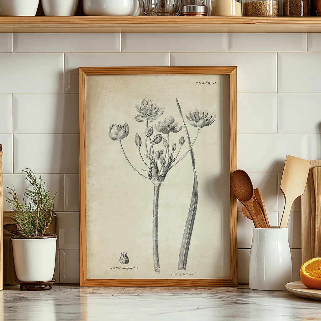 Conversations on  Botany 02 by Wild Apple Portfolio. shown as wood framed print leaning on a kitchen counter, offering a casual yet modern style. Available as an archival giclee rolled canvas, fine art paper, or poster print. SKU 39015h.