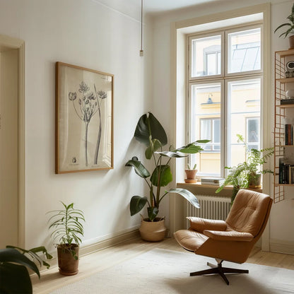 Conversations on  Botany 02 by Wild Apple Portfolio. shown as a framed print in a sitting room setting. Available as an archival giclee rolled canvas, fine art paper, or poster print. SKU 39015h.