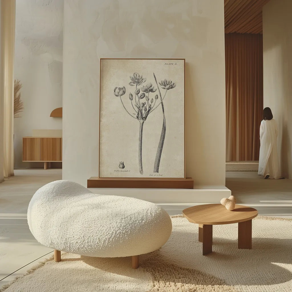 Conversations on  Botany 02 by Wild Apple Portfolio. shown as giant wall art in a wabi-sabi japandi style living room. Available as an archival giclee rolled canvas, fine art paper, or poster print. SKU 39015h.