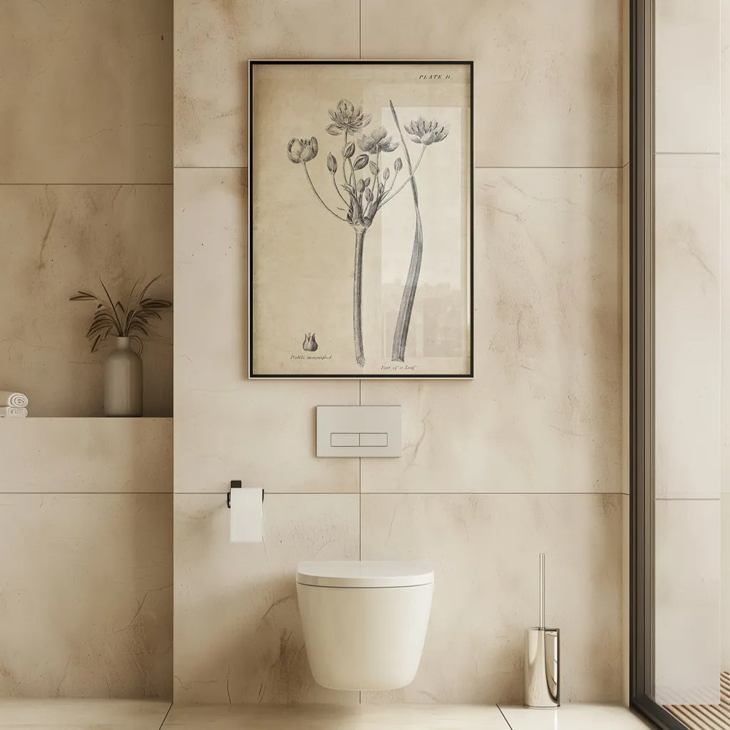 Conversations on  Botany 02 by Wild Apple Portfolio. shown as a print in a natural wood frame in a hospitality setting. Available as a archival giclee rolled canvas, fine art paper, or poster print. SKU 39015h.