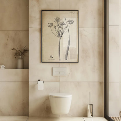 Conversations on  Botany 02 by Wild Apple Portfolio. shown as a print in a natural wood frame in a hospitality setting. Available as a archival giclee rolled canvas, fine art paper, or poster print. SKU 39015h.