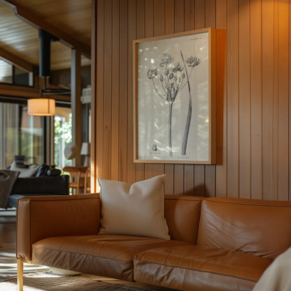 Conversations on  Botany 02 by Wild Apple Portfolio. shown in a modern house on wood wall paneling in a natural wood frame above a leather couch. Available as an archival giclee rolled canvas, fine art paper, or poster print. SKU 39015h.