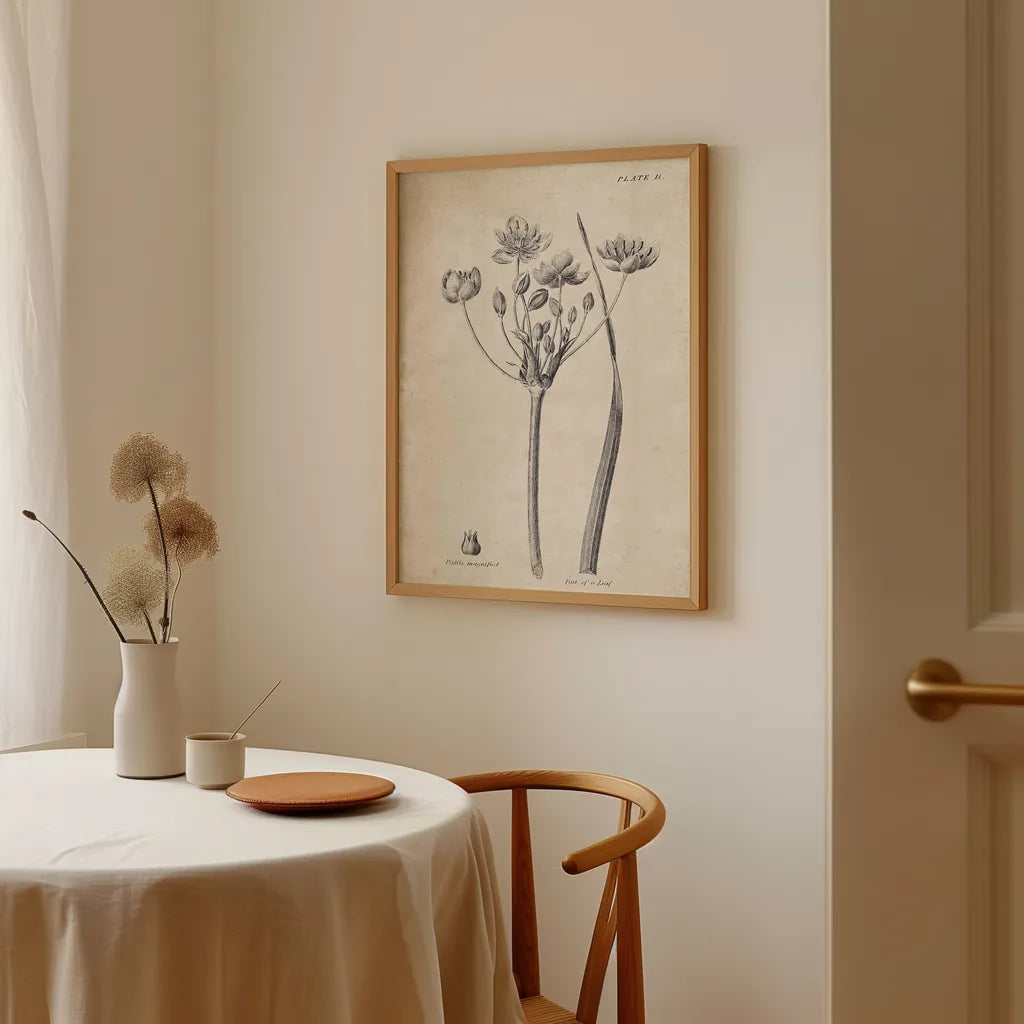 Conversations on  Botany 02 by Wild Apple Portfolio. shown as a print in a natural wood frame in a dining room. Available as a archival giclee rolled canvas, fine art paper, or poster print. SKU 39015h.