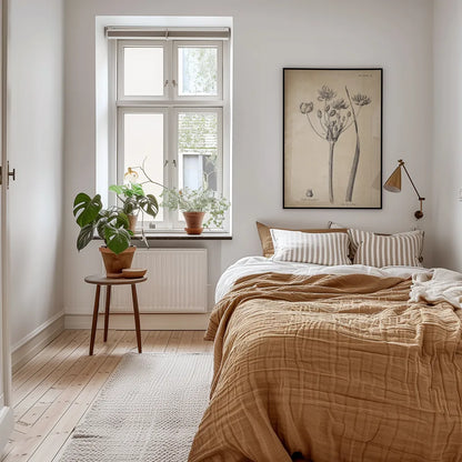 Conversations on  Botany 02 by Wild Apple Portfolio. shown as wall art in a loft apartment bedroom or dorm room. Available as an archival giclee rolled canvas, fine art paper, or poster print. SKU 39015h.