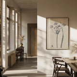 Conversations on  Botany 02 by Wild Apple Portfolio. shown as a print in a natural wood frame in a dining room. Available as a archival giclee rolled canvas, fine art paper, or poster print. SKU 39015h.
