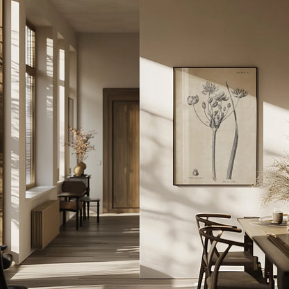 Conversations on  Botany 02 by Wild Apple Portfolio. shown as a print in a natural wood frame in a dining room. Available as a archival giclee rolled canvas, fine art paper, or poster print. SKU 39015h.