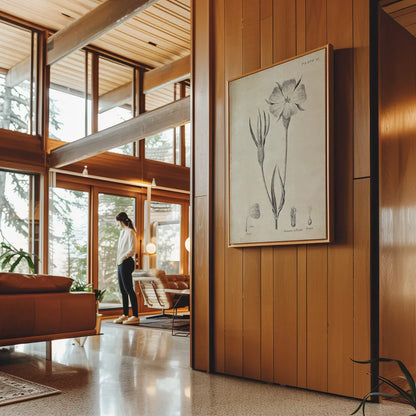Conversations on  Botany 03 by Wild Apple Portfolio. shown in a natural frame with on a wood paneling wall in a modern craftsman house. Available as an archival giclee rolled canvas, fine art paper, or poster print. SKU 39016h.