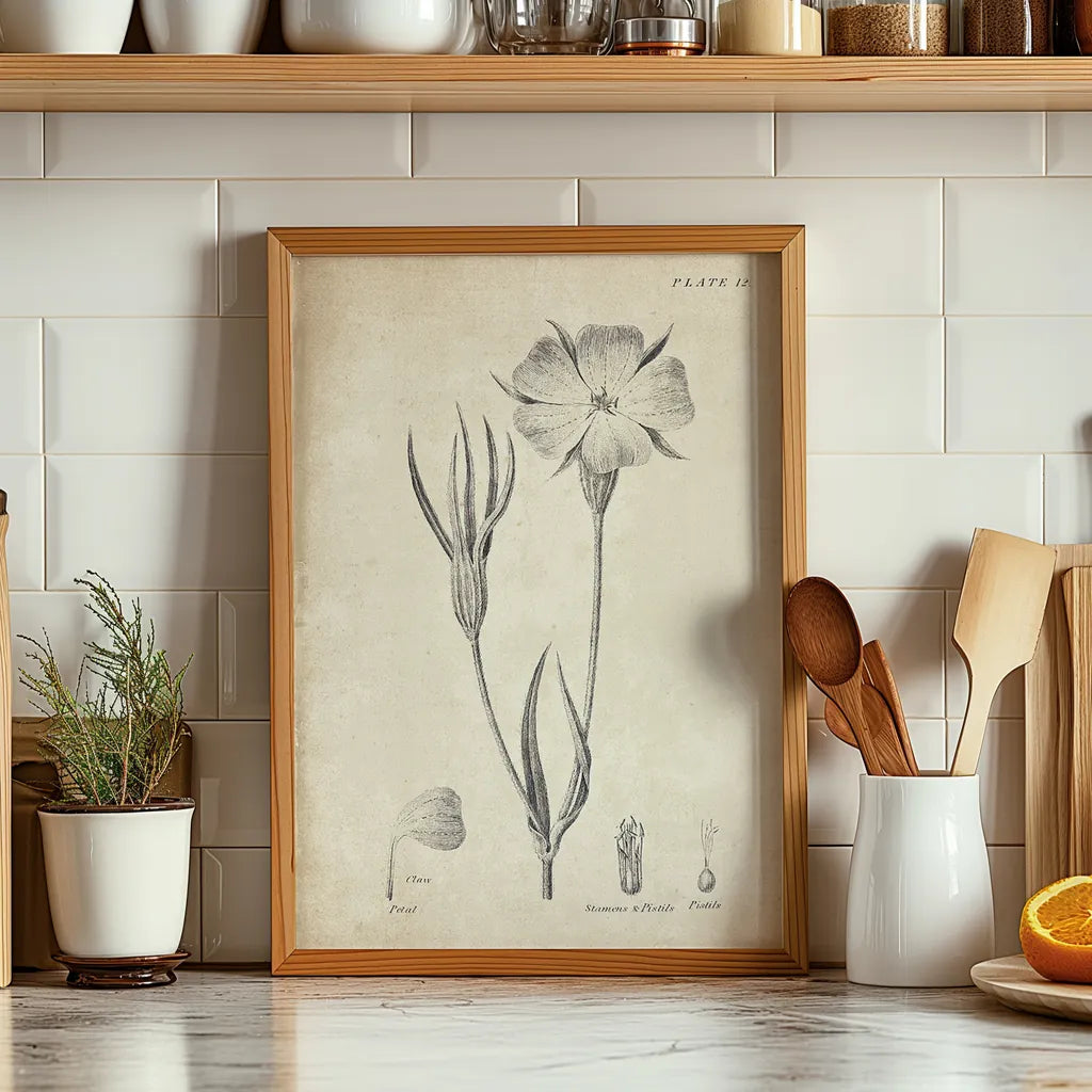 Conversations on  Botany 03 by Wild Apple Portfolio. shown as wood framed print leaning on a kitchen counter, offering a casual yet modern style. Available as an archival giclee rolled canvas, fine art paper, or poster print. SKU 39016h.