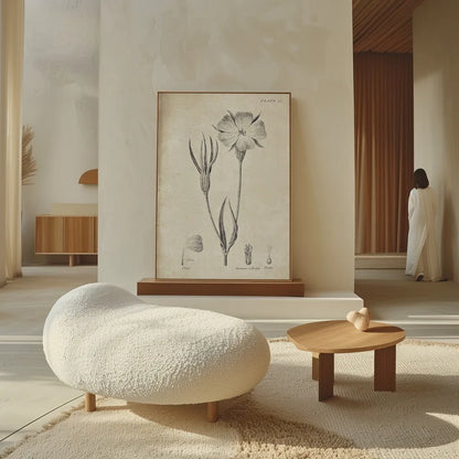 Conversations on  Botany 03 by Wild Apple Portfolio. shown as giant wall art in a wabi-sabi japandi style living room. Available as an archival giclee rolled canvas, fine art paper, or poster print. SKU 39016h.