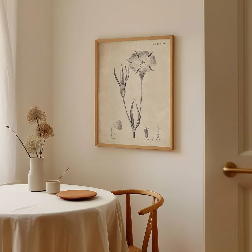 Conversations on  Botany 03 by Wild Apple Portfolio. shown as a print in a natural wood frame in a dining room. Available as a archival giclee rolled canvas, fine art paper, or poster print. SKU 39016h.