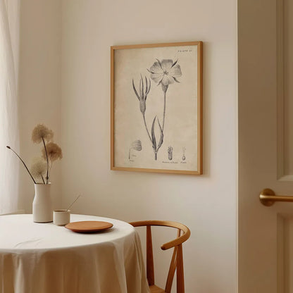 Conversations on  Botany 03 by Wild Apple Portfolio. shown as a print in a natural wood frame in a dining room. Available as a archival giclee rolled canvas, fine art paper, or poster print. SKU 39016h.