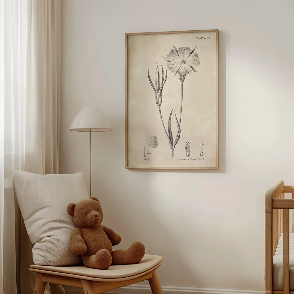 Conversations on  Botany 03 by Wild Apple Portfolio. shown as wall art in a children's nursery room. Available as an archival giclee rolled canvas, fine art paper, or poster print. SKU 39016h.