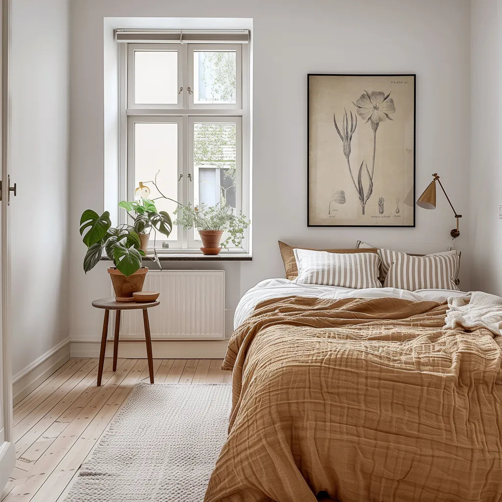 Conversations on  Botany 03 by Wild Apple Portfolio. shown as wall art in a loft apartment bedroom or dorm room. Available as an archival giclee rolled canvas, fine art paper, or poster print. SKU 39016h.