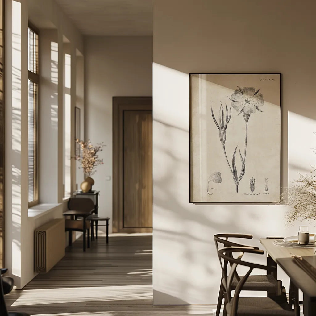 Conversations on  Botany 03 by Wild Apple Portfolio. shown as a print in a natural wood frame in a dining room. Available as a archival giclee rolled canvas, fine art paper, or poster print. SKU 39016h.