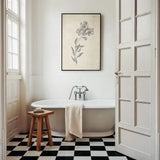 Conversations on  Botany 06 by Wild Apple Portfolio. shown as wall art in a bathroom in a classic french style bathroom. Available as an archival giclee rolled canvas, fine art paper, or poster print. SKU 39019h.