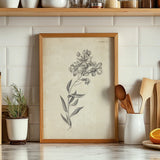 Conversations on  Botany 06 by Wild Apple Portfolio. shown as wood framed print leaning on a kitchen counter, offering a casual yet modern style. Available as an archival giclee rolled canvas, fine art paper, or poster print. SKU 39019h.