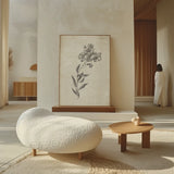 Conversations on  Botany 06 by Wild Apple Portfolio. shown as giant wall art in a wabi-sabi japandi style living room. Available as an archival giclee rolled canvas, fine art paper, or poster print. SKU 39019h.