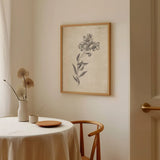 Conversations on  Botany 06 by Wild Apple Portfolio. shown as a print in a natural wood frame in a dining room. Available as a archival giclee rolled canvas, fine art paper, or poster print. SKU 39019h.
