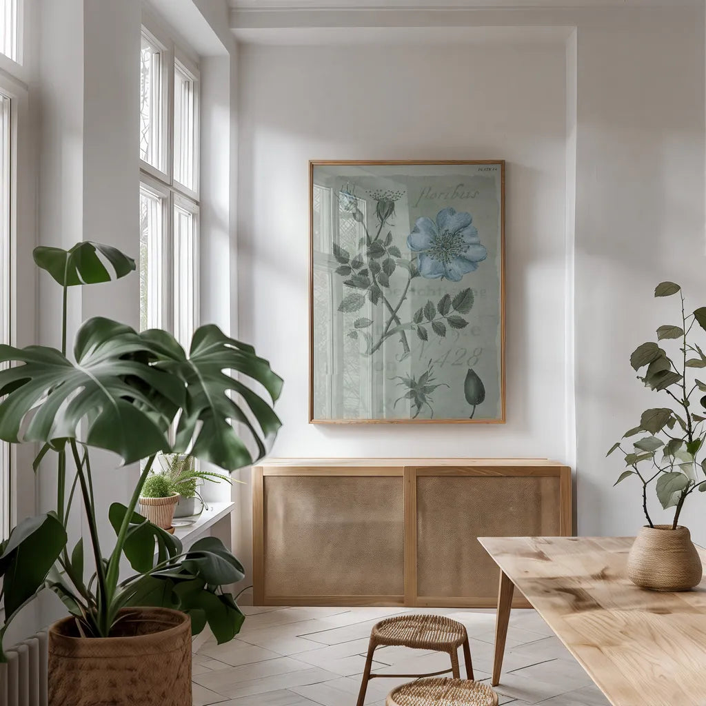 Conversations on Botany IV on White with Blue by Wild Apple Portfolio. shown as a print in a natural wood frame in a dining room. Available as a archival giclee rolled canvas, fine art paper, or poster print. SKU 63061h.