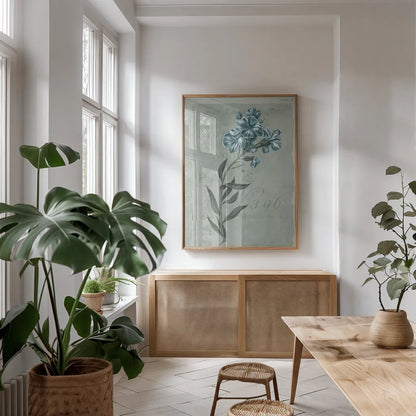 Conversations on Botany VI on White with Blue by Wild Apple Portfolio. shown as a print in a natural wood frame in a dining room. Available as a archival giclee rolled canvas, fine art paper, or poster print. SKU 63062h.