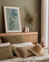 Conversations on Botany VI on White with Blue by Wild Apple Portfolio. shown as a paper print in a natural frame. Available as a archival giclee rolled canvas, fine art paper, or poster print. SKU 63062h.