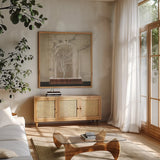 Coral Cloche I by Wild Apple Portfolio. Shown in a natural wood frame in a cozy modern living room. Available as an archival giclee rolled canvas, fine art paper, or poster print. SKU 74497a.