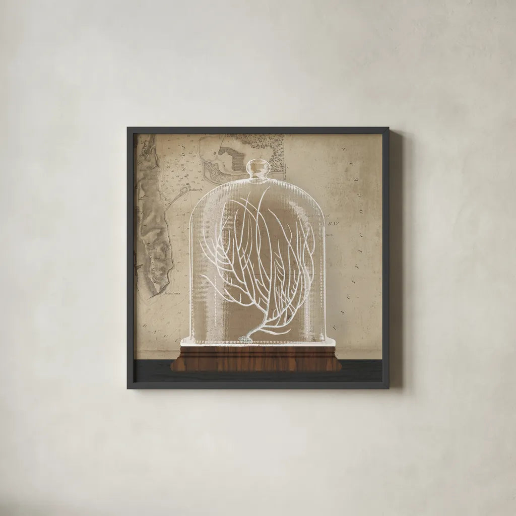 Coral Cloche II by Wild Apple Portfolio. Shown in a sleek black glass frame for a contemporary gallery look. Available as an archival giclee rolled canvas, fine art paper, or poster print. SKU 74498a.