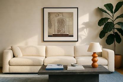 Coral Cloche II by Wild Apple Portfolio. Displayed in a glass frame with matte in a clean modern living room. Available as an archival giclee rolled canvas, fine art paper, or poster print. SKU 74498a.