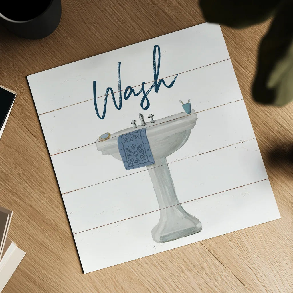 Cottage Bath I by Wild Apple Portfolio. Shown as a detailed flat fine art print, highlighting archival giclee quality. Available as an archival giclee rolled canvas, fine art paper, or poster print. SKU 62971a.