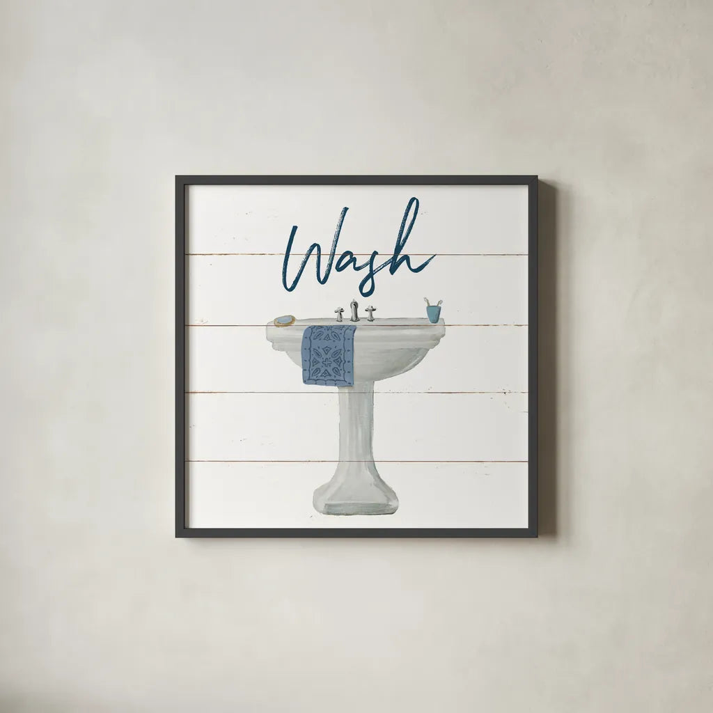 Cottage Bath I by Wild Apple Portfolio. Shown in a sleek black glass frame for a contemporary gallery look. Available as an archival giclee rolled canvas, fine art paper, or poster print. SKU 62971a.