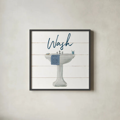 Cottage Bath I by Wild Apple Portfolio. Shown in a sleek black glass frame for a contemporary gallery look. Available as an archival giclee rolled canvas, fine art paper, or poster print. SKU 62971a.