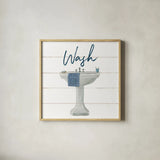 Cottage Bath I by Wild Apple Portfolio. Shown in a natural wood glass frame for a timeless modern aesthetic. Available as an archival giclee rolled canvas, fine art paper, or poster print. SKU 62971a.