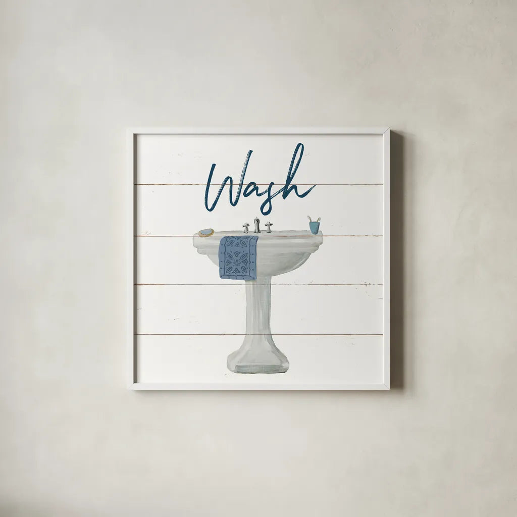 Cottage Bath I by Wild Apple Portfolio. Shown in a crisp white glass frame for a clean and minimalist style. Available as an archival giclee rolled canvas, fine art paper, or poster print. SKU 62971a.