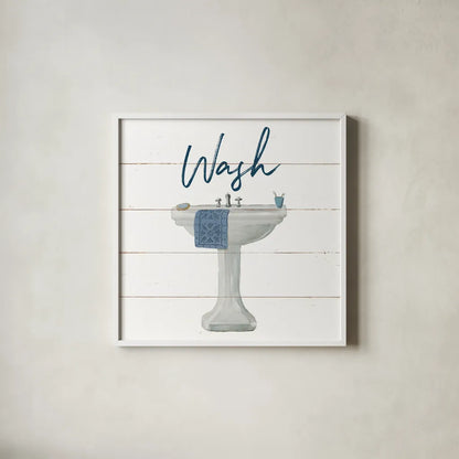 Cottage Bath I by Wild Apple Portfolio. Shown in a crisp white glass frame for a clean and minimalist style. Available as an archival giclee rolled canvas, fine art paper, or poster print. SKU 62971a.