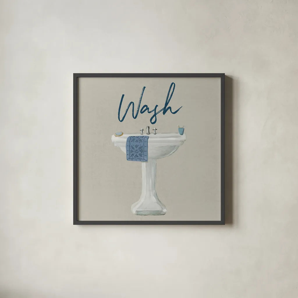 Cottage Bath I Gray by Wild Apple Portfolio. Shown in a sleek black glass frame for a contemporary gallery look. Available as an archival giclee rolled canvas, fine art paper, or poster print. SKU 63056a.