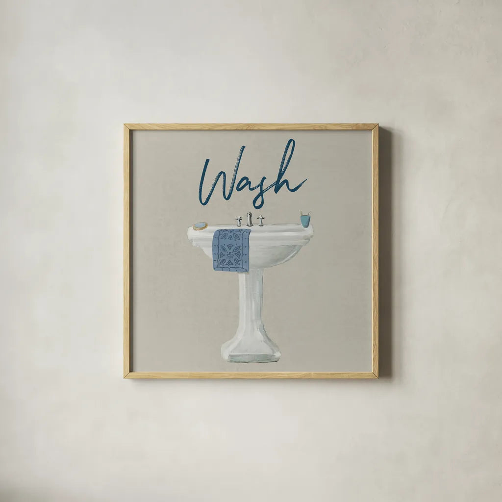 Cottage Bath I Gray by Wild Apple Portfolio. Shown in a natural wood glass frame for a timeless modern aesthetic. Available as an archival giclee rolled canvas, fine art paper, or poster print. SKU 63056a.